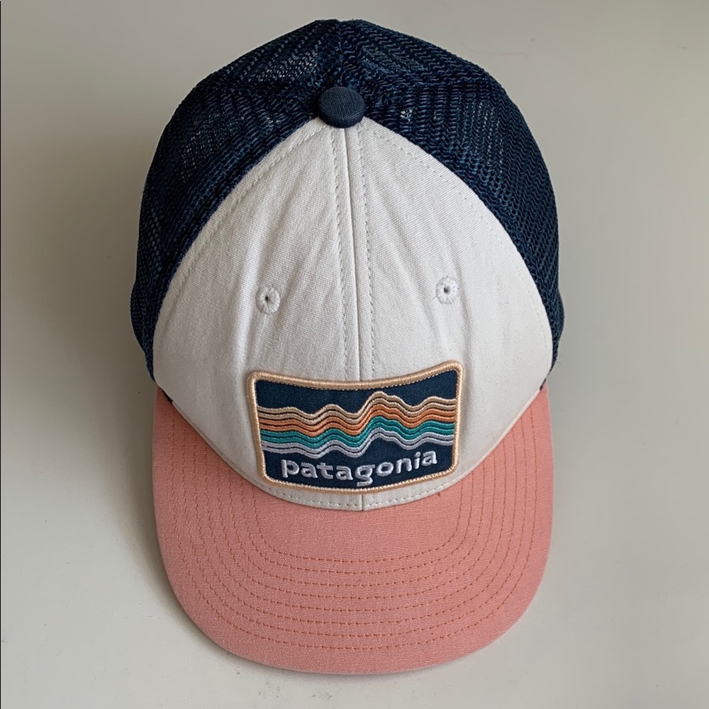 Kids Patagonia Trucker Hat in Navy, White & Dusty Pink